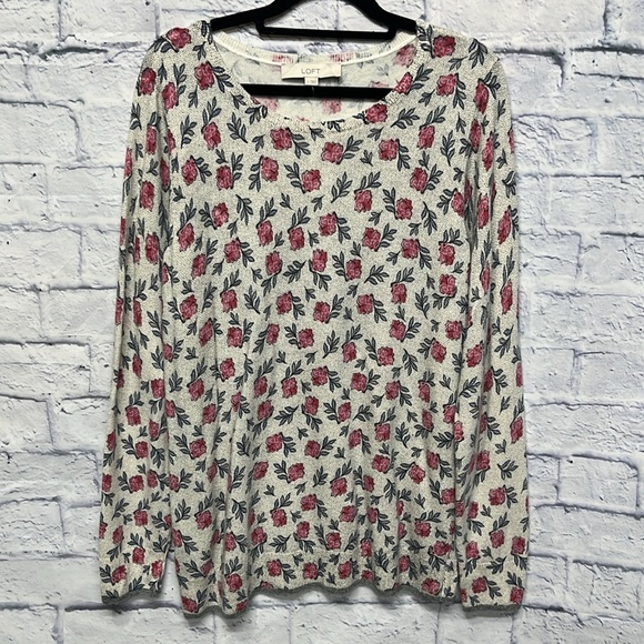 NWT-Loft Floral Tipped Pullover Crew Neck Sweater - Picture 3 of 6